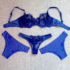 Indigo Satin, Lace. 34D/S Bra Thong Bikini Lingerie Set/Lot. NWOT